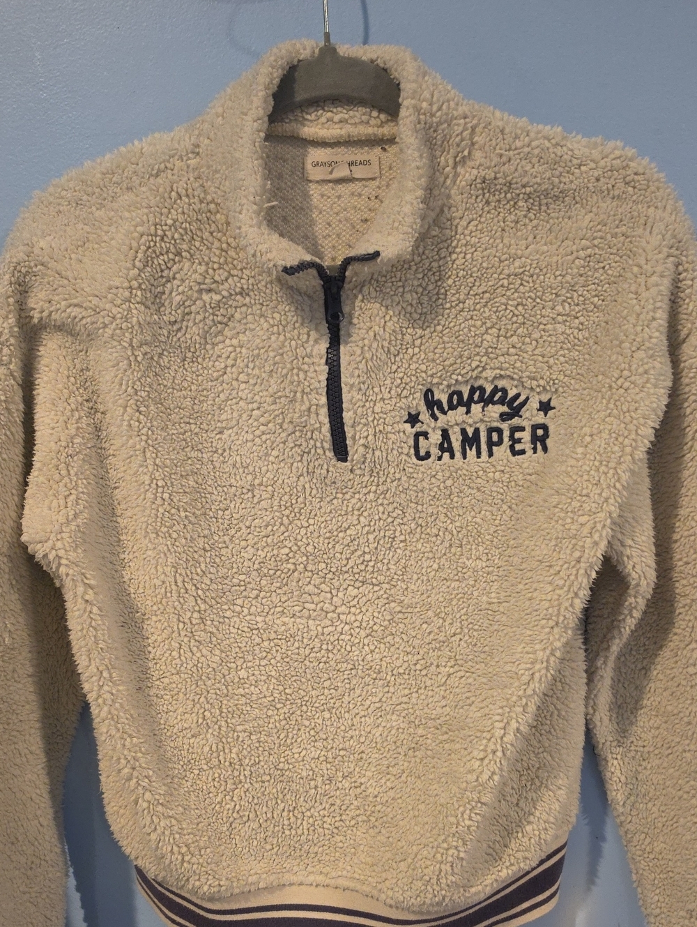 Grayson Threads Beige Sherpa Zip Pullover with Navy 'Happy Camper' Embroidery